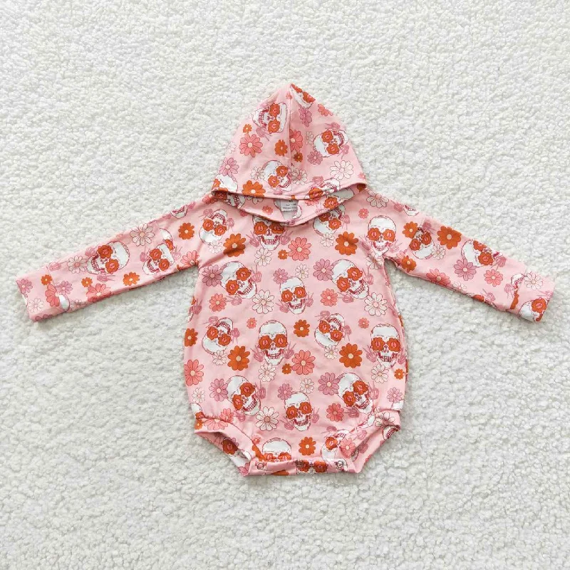 LR0269 Halloween Pink Orange Floral Ghost Hoodies Girls Long Sleeve Romper Confident Men's High