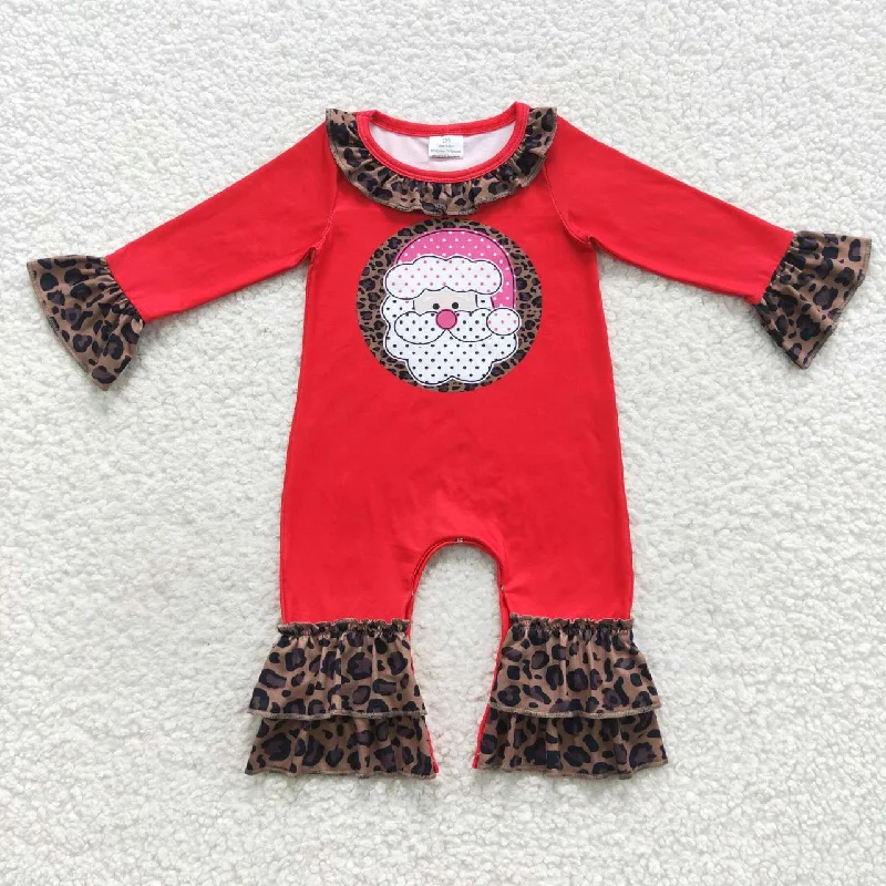 LR0435  Christmas  Red Leopard Santa  Girls Long Sleeve Romper Cool Men's Skate