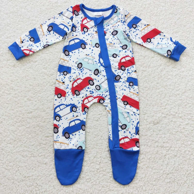 LR0444 Blue Red Car Cartoon Print Zipper Girls Long Sleeve Romper Elegant Men's Cashmere