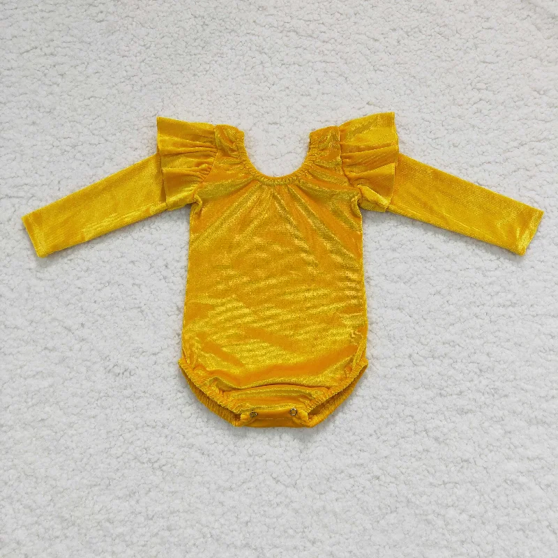 LR0210 Plain Yellow Ruffles Velvet Girls Long Sleeve Romper Monochromatic Office Style