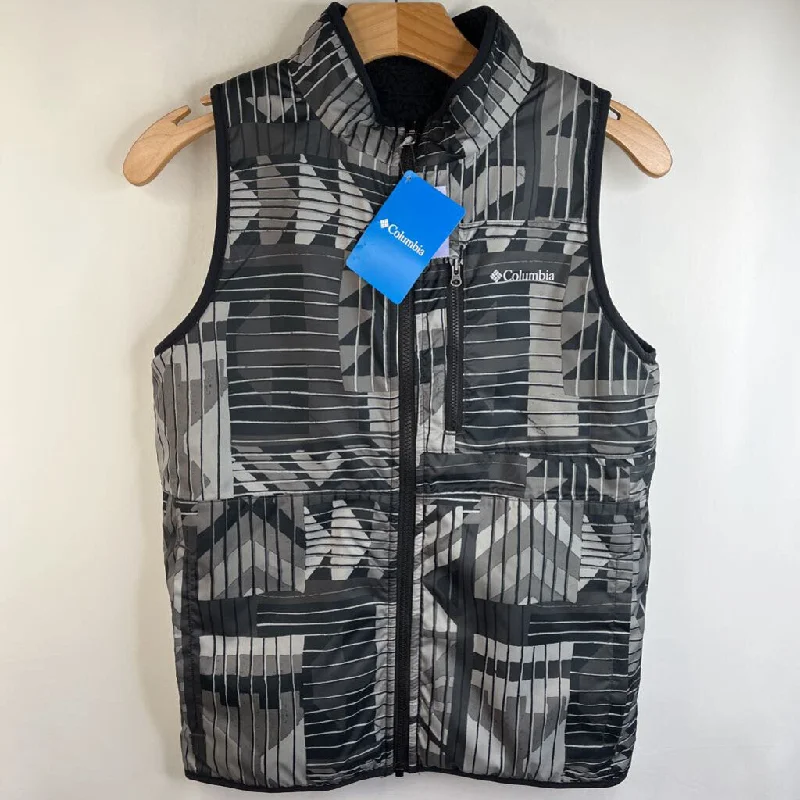 Size 14-16: Columbia Black Hakatai Print Puffy/Sherpa Reversible Zip-Up Vest- NEW W/Tag Classic Men's Pin