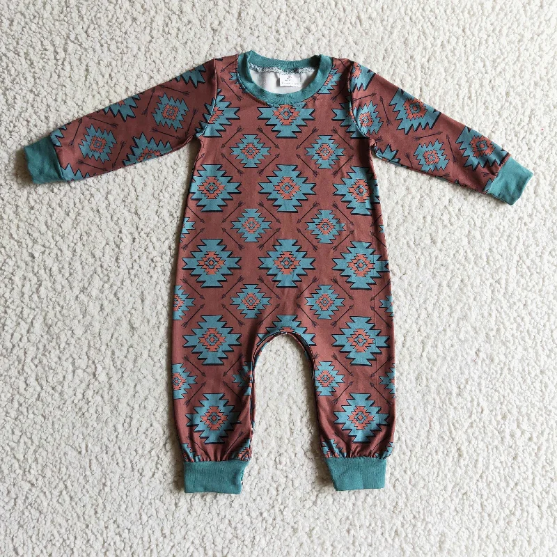 LR0187 Blue Brown Print Boys Long Sleeve Romper Rugged Men's Outdoor 