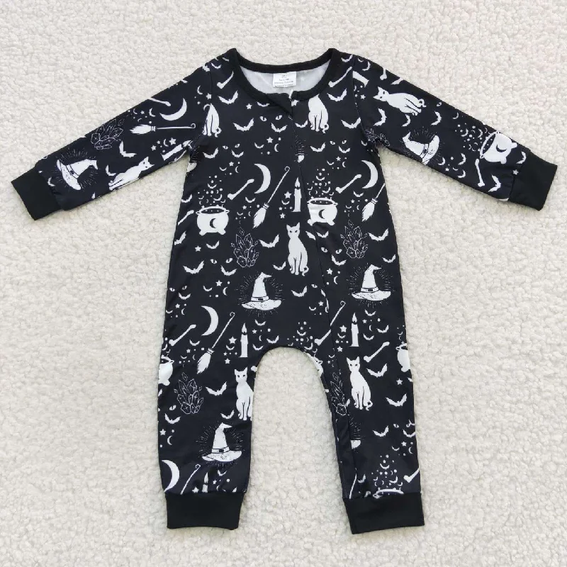 LR0473 Halloween Black Cat Zipper Girls Long Sleeve Romper Hip Men's Urban