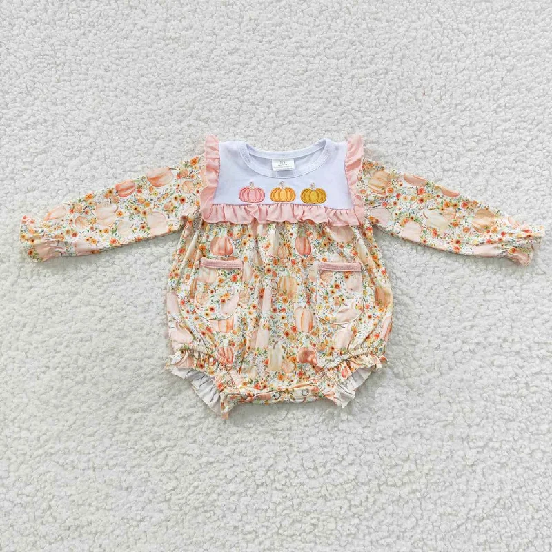 LR0450  Halloween Pumpkin Yellow Embroidery Girls Long Sleeve Romper Monochromatic Office Style