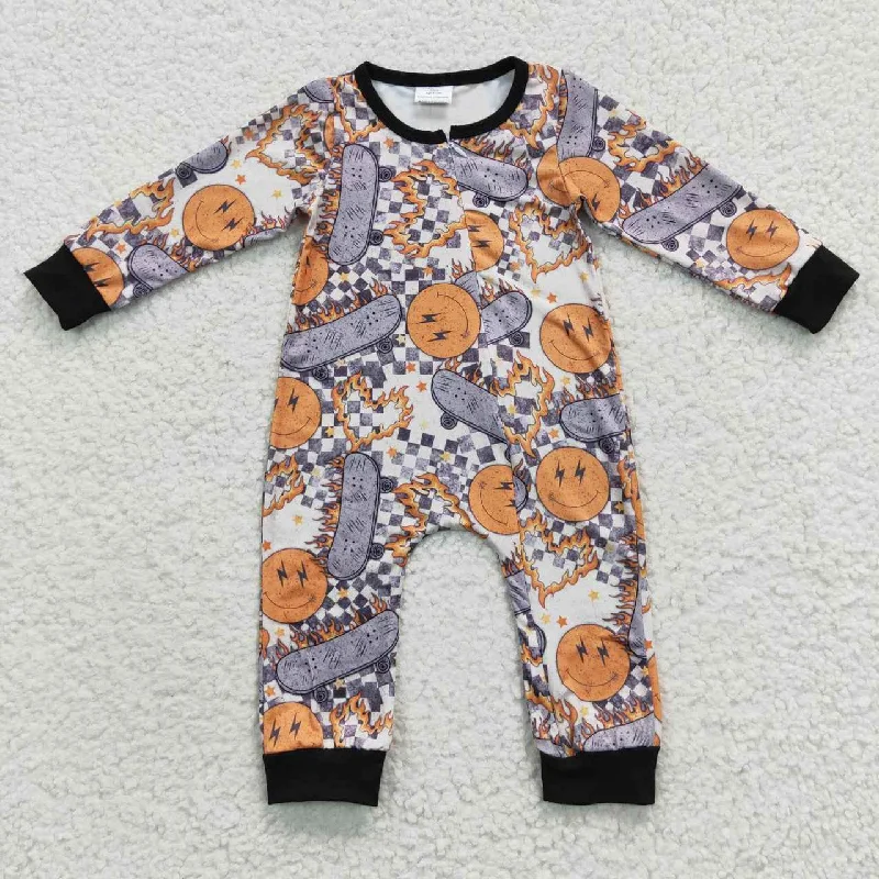 LR0305 Halloween Orange Smile Skate Zipper Girls Long Sleeve Romper Adventure