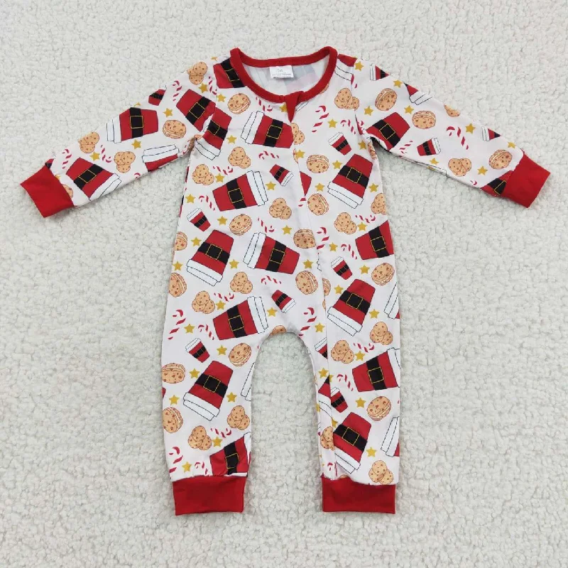 LR0491 Christmas Red Cookies Zipper Girls Long Sleeve Romper Tailored