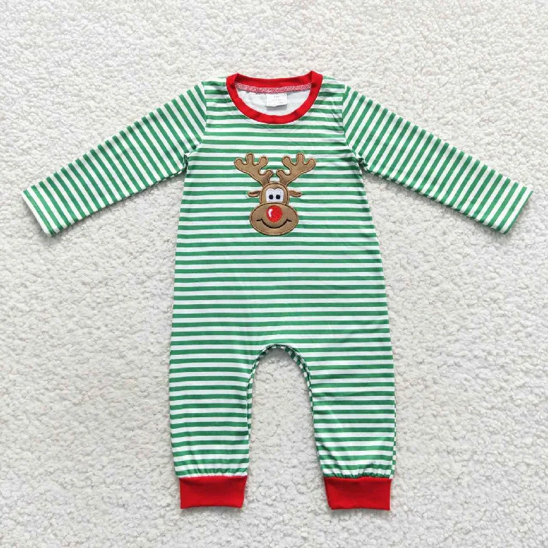 LR0338  Christmas Red Green Deer Embroidery Girls Long Sleeve Romper Sharp Men's Italian