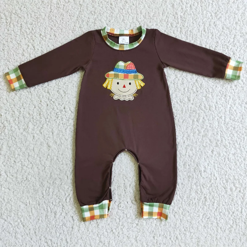 LR0034 Brown Scarecrow Plaid Embroidery Boys Long Sleeve Romper Sharp Men's Italian