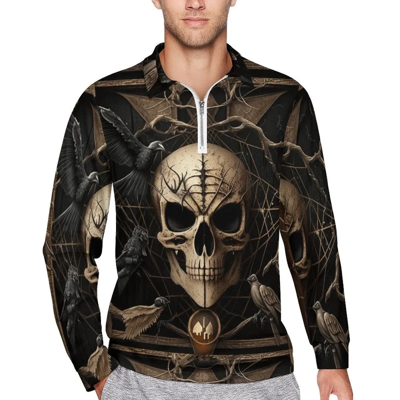 Men's Skull Gothic Long-Sleeve Zip Polo Shirt Bohemian Men's Free