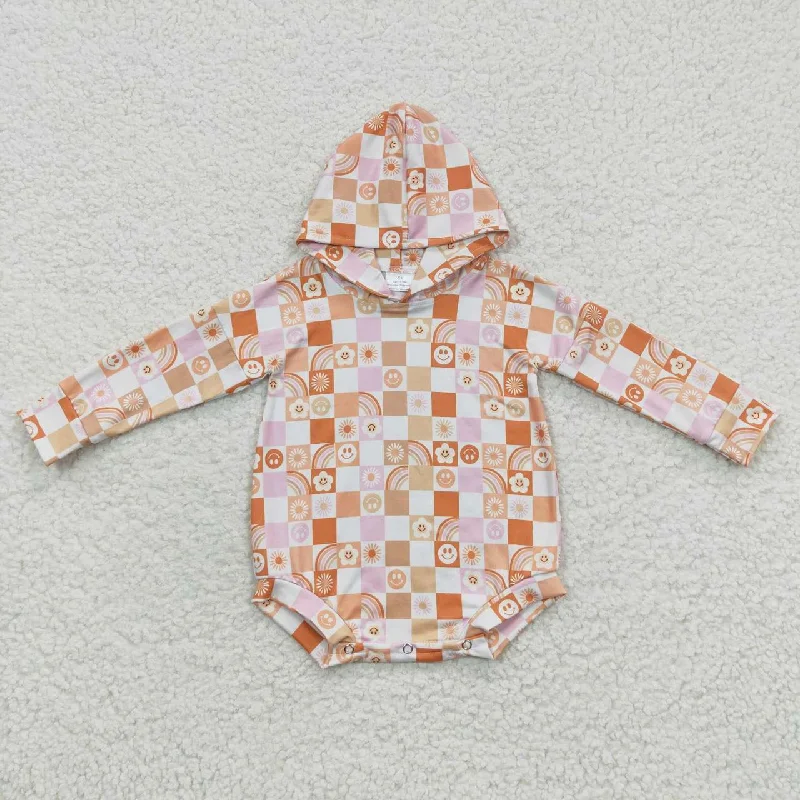 LR0271 Halloween Pink Orange Smile Plaid Hoodies Girls Long Sleeve Romper Refined Men's Velvet