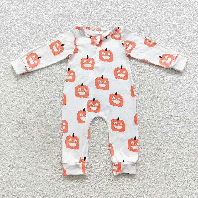 LR0495 Halloween Orange Pumpkin Zipper Girls Long Sleeve Romper Athletic Men's High