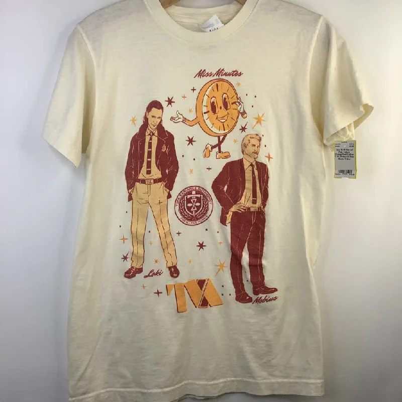 Size 16-18: Marvel Pale Yellow Orange/Red/Yellow Loki, Mobius & Miss Minute T-Shirt Adventure