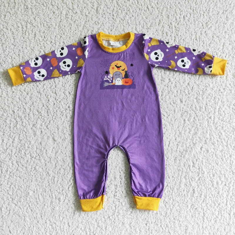 LR0044 Halloween Ghost Pumpkin Yellow Purple Boys Long Sleeve Romper Artistic Men's Avant