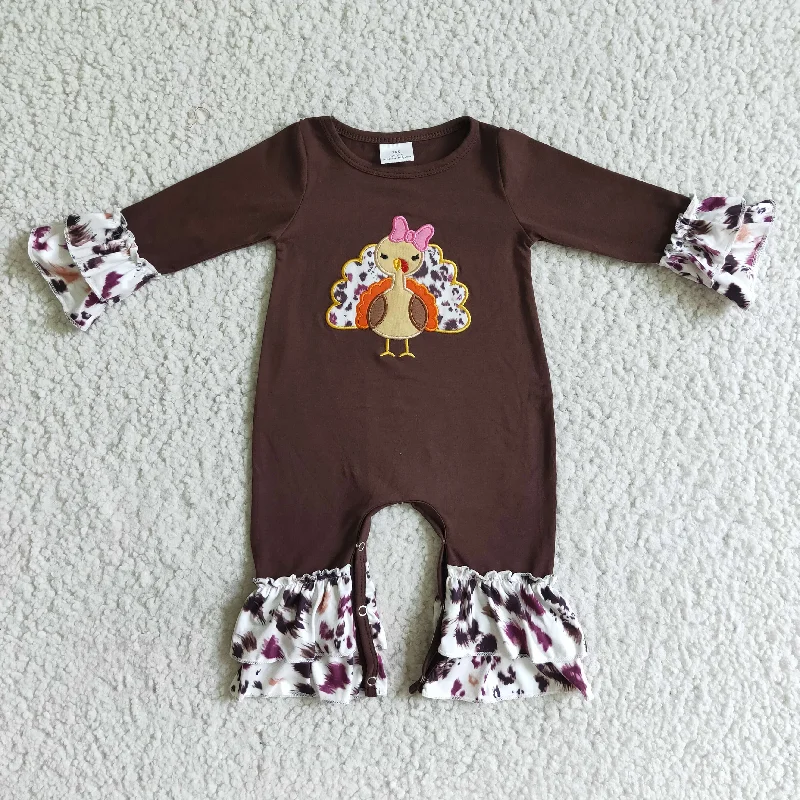 LR0038 Thanksgiving Turkey Leopard Brown Embroidery Girls Long Sleeve Romper Sleek Men's Contemporary 