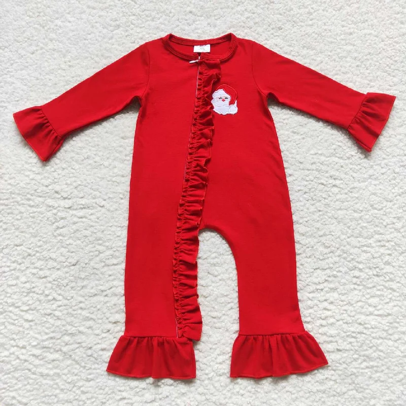 LR0599 Christmas Red Santa   Zipper Girls Long Sleeve Romper Laid