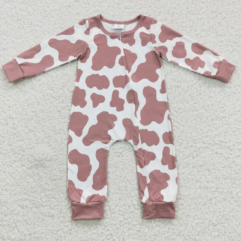 LR0333   Brown Cow Print Zipper Girls Long Sleeve Romper Monochromatic Office Style